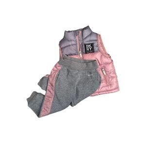 DKNY Girl's Pink and Grey Sweatsuit with Sleeveless puff jacket (2T)